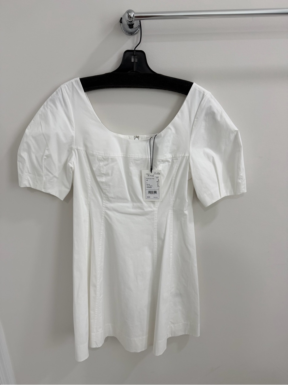 Theory White Square-Neck Mini Dress with Puff Sleeves